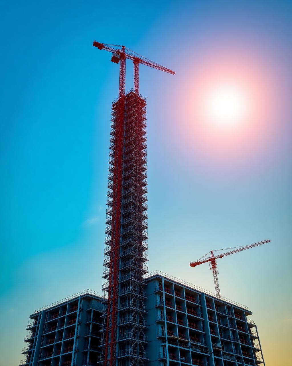 Tour en construction avec grue rouge au coucher du soleil